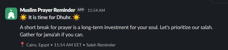 مذكّر الصلاة المسلم على Slack