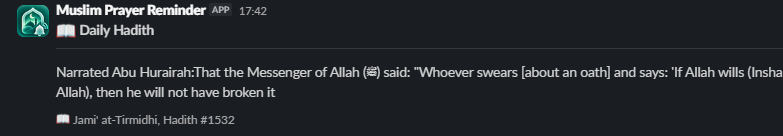 A Daily Hadith delivery in Slack showing a hadith from Jami' at-Tirmidhi