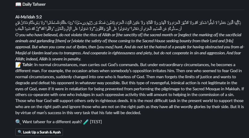 A Daily Tafseer delivery in Slack showing Al-Ma'idah 5:2 with its tafsir